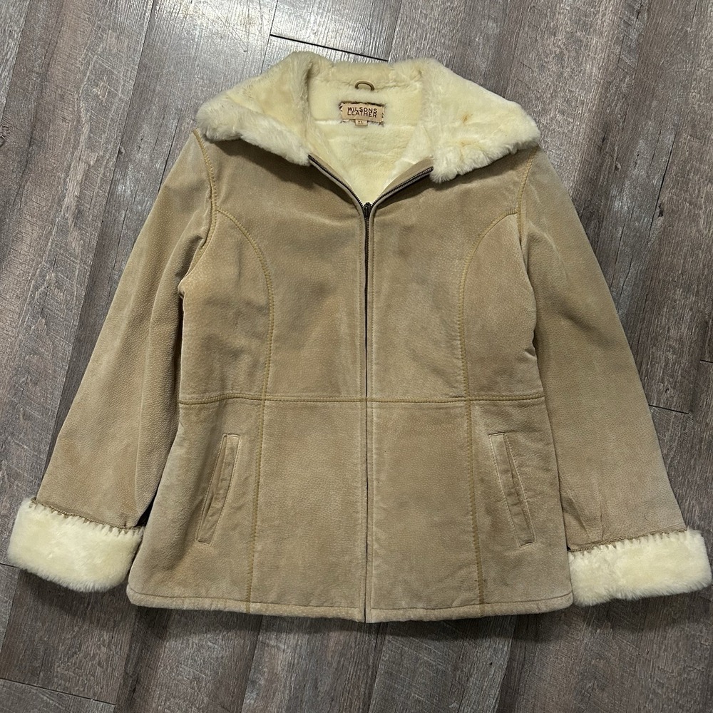 VTG Y2K Wilsons Leather Women Sherpa Fleece Faux Fur Baby Doll Tan Jacket XL